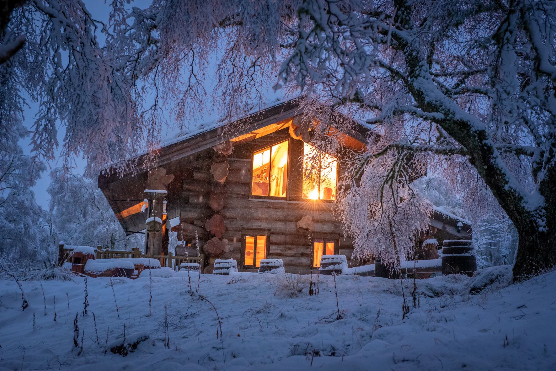 Ardea log cabin surrounded by snow