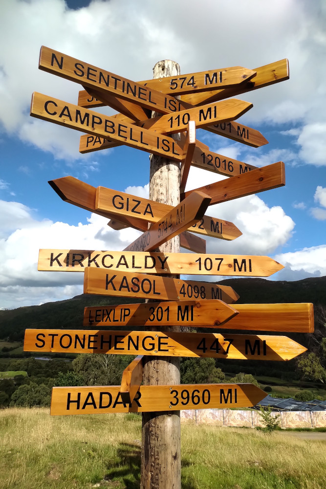 Sign at Eagle Brae showing distances to other places around the world