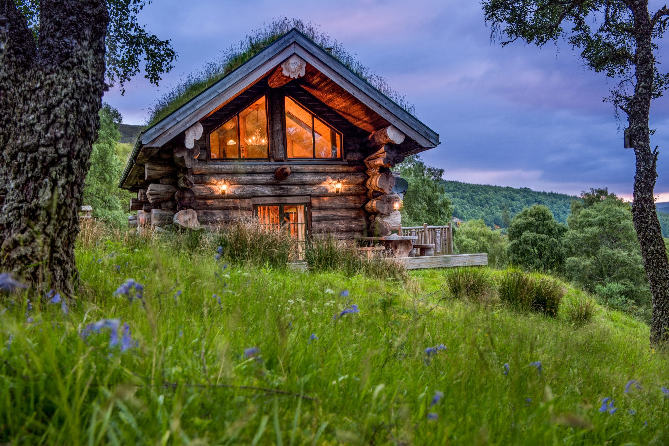Parus log cabin nestled in the grass at Eagle brae