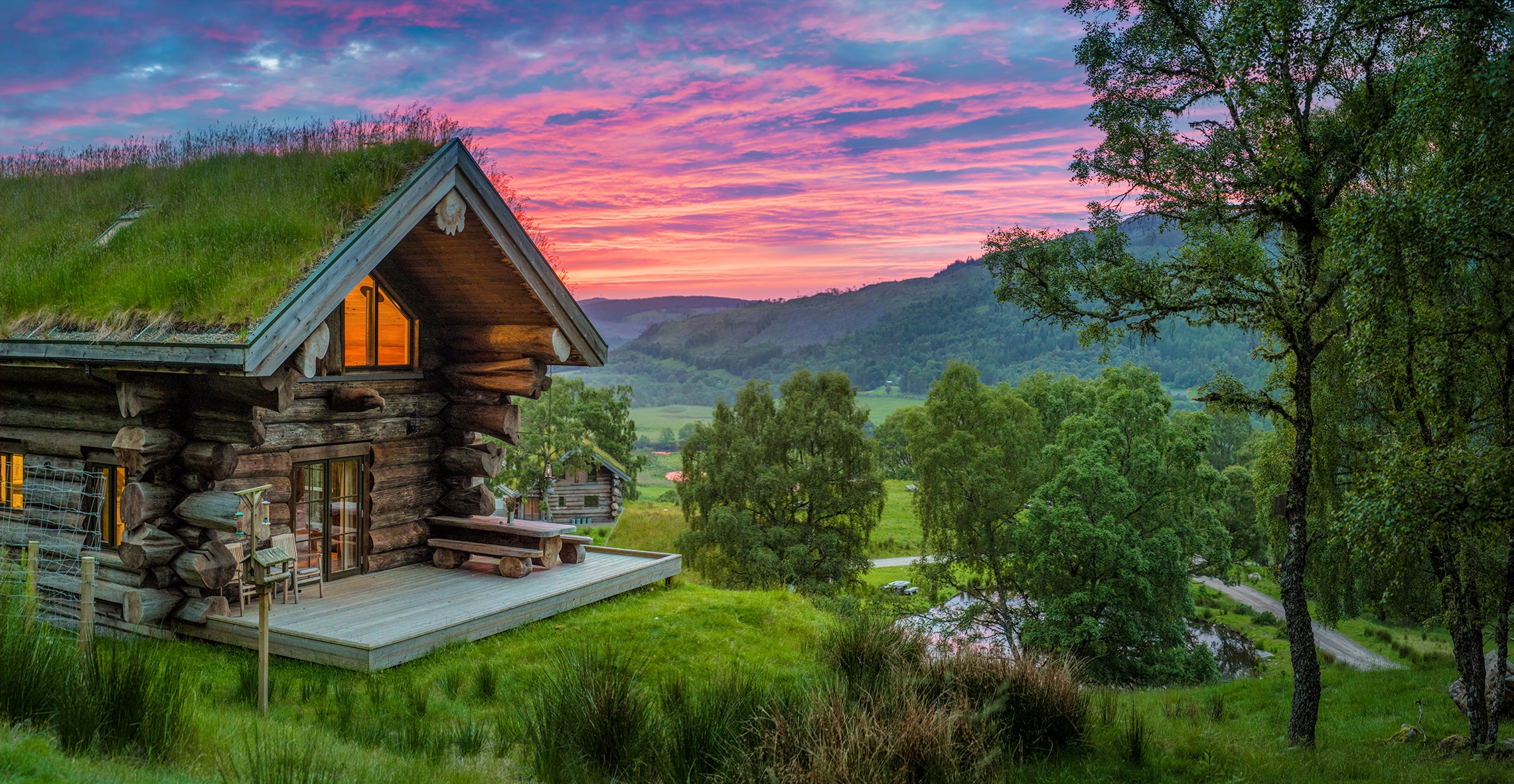 Eagle Brae log cabin at sunset