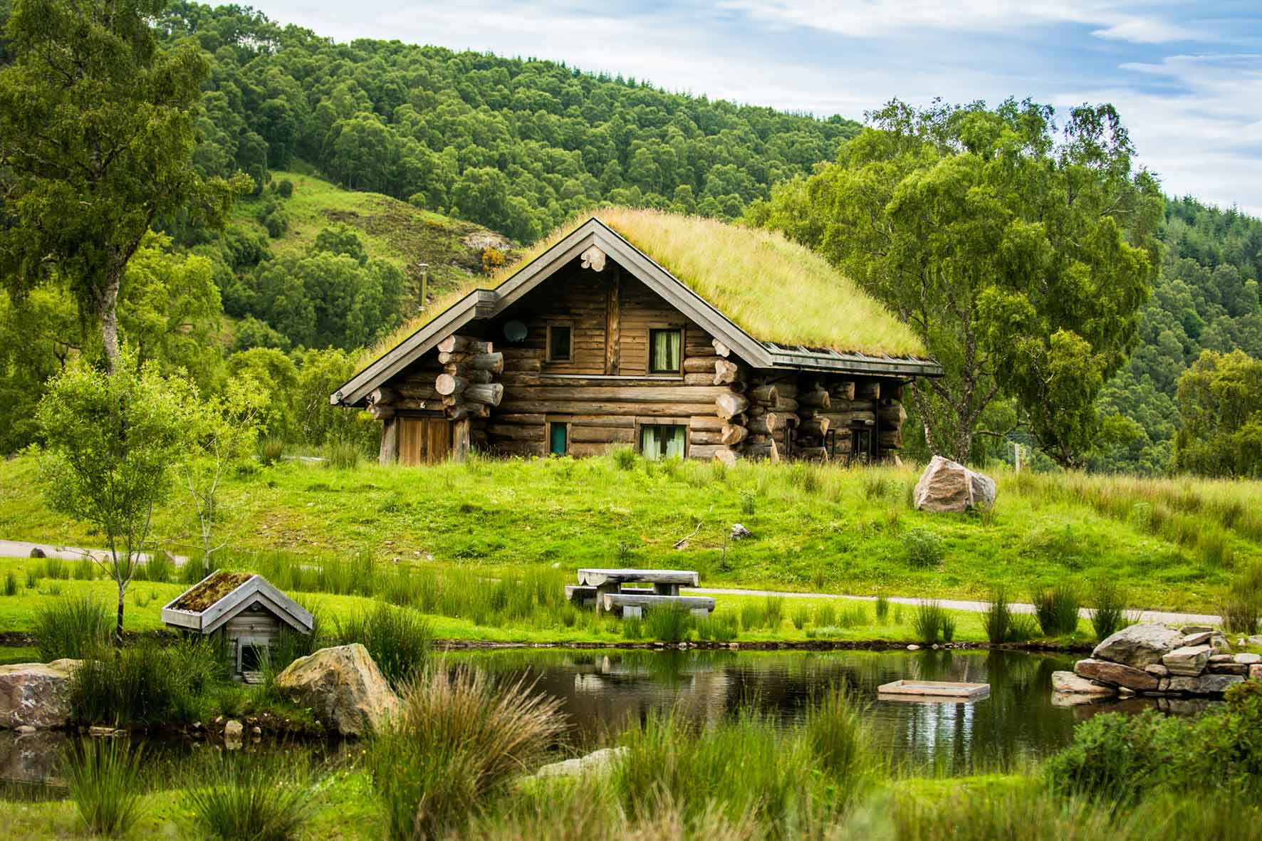 Our Buteo log cabin looks snug behind the duck pond