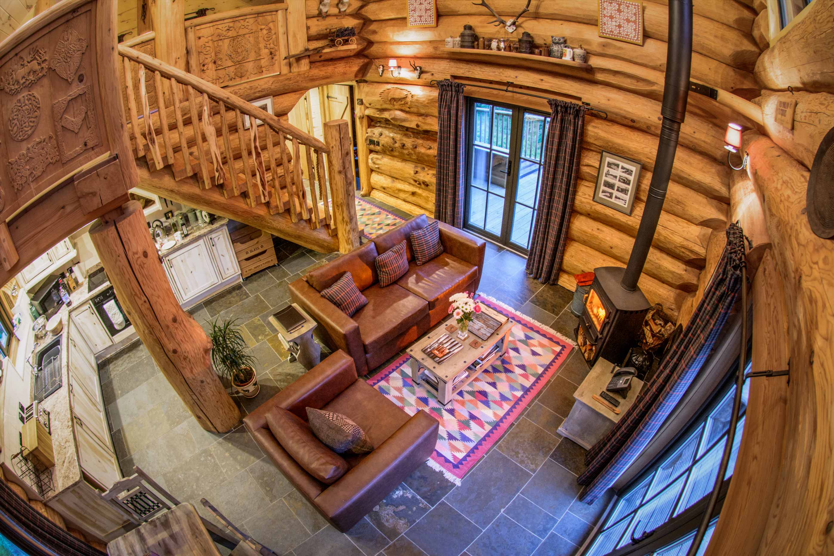 A view of the beautifully crafted interior of Strix log cabin