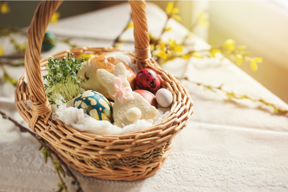 Decorated Easter eggs in wicker basket