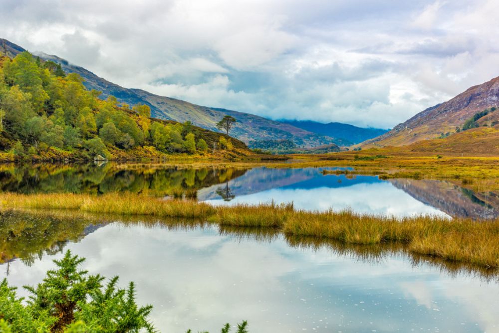 Glen Strathfarrar in Autumn with colourful Autumnal scenery and reflections in the loch. 