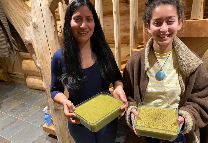 Pawana and her daughter with their homemade Nettle Soup in one of the Eagle Brae cabins