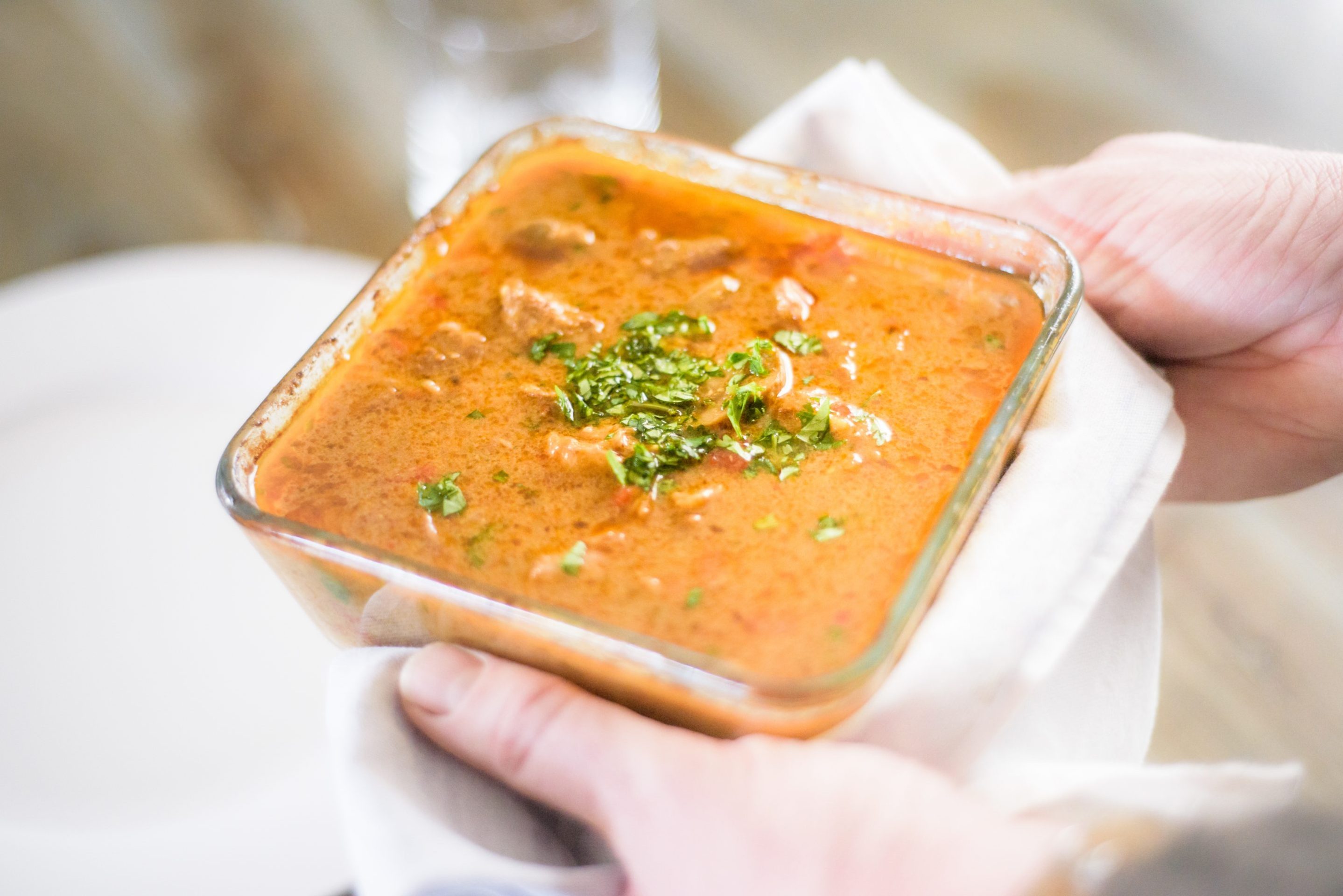 Homecooked Eagle Brae Pondicherry pork curry straight out the oven in a dish