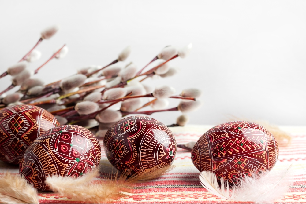 Ukranian Pysanka on traditional cloth decorated for Easter