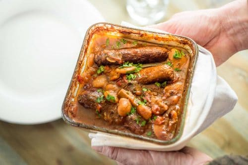 Home-cooked sausage casserole ready to serve