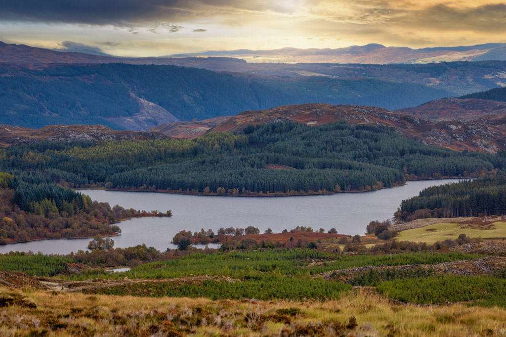 Panoramic view from the Suidhe viewpoint over the hills to Loch Tarff