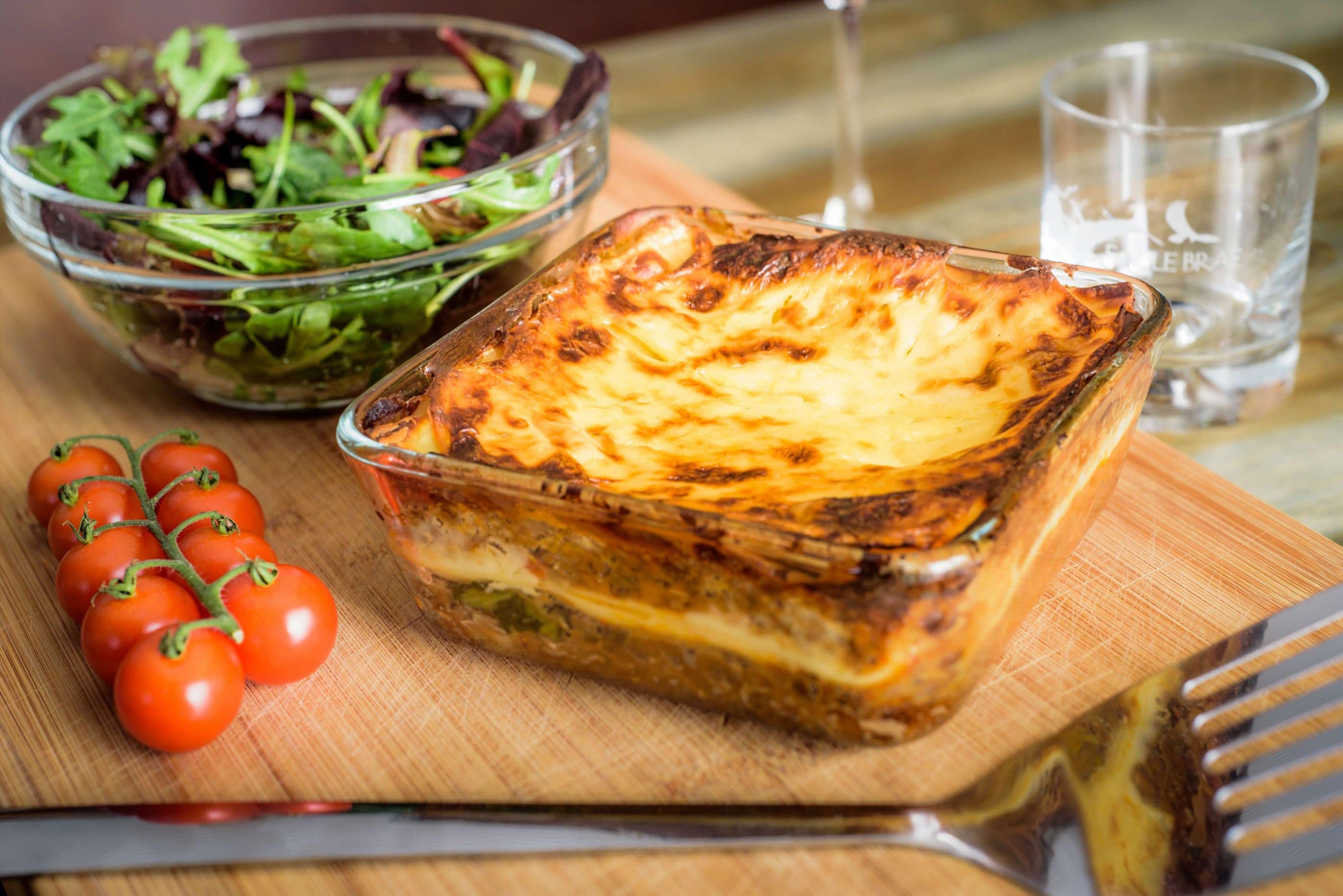 Cooked vegetable lasagne in pyrex dish