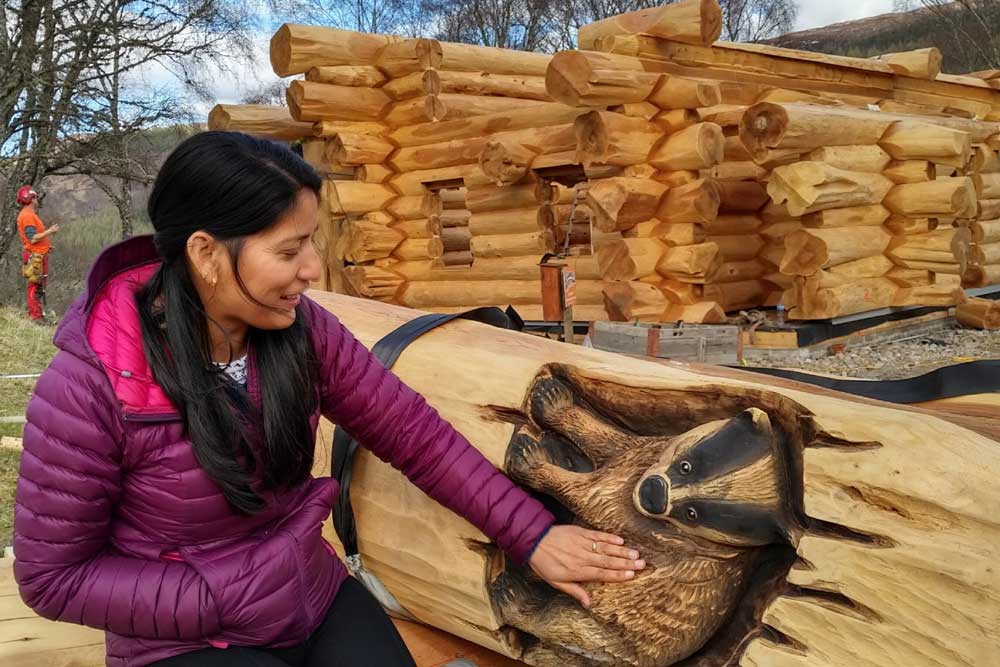 Woman touching badger image carved into log