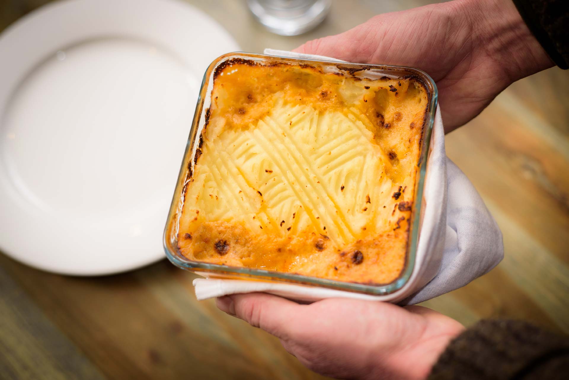 Cooked fish pie in pyrex dish