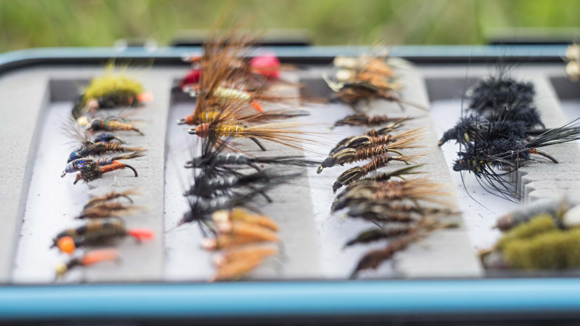 Fly flies in a box, used for fly fishing