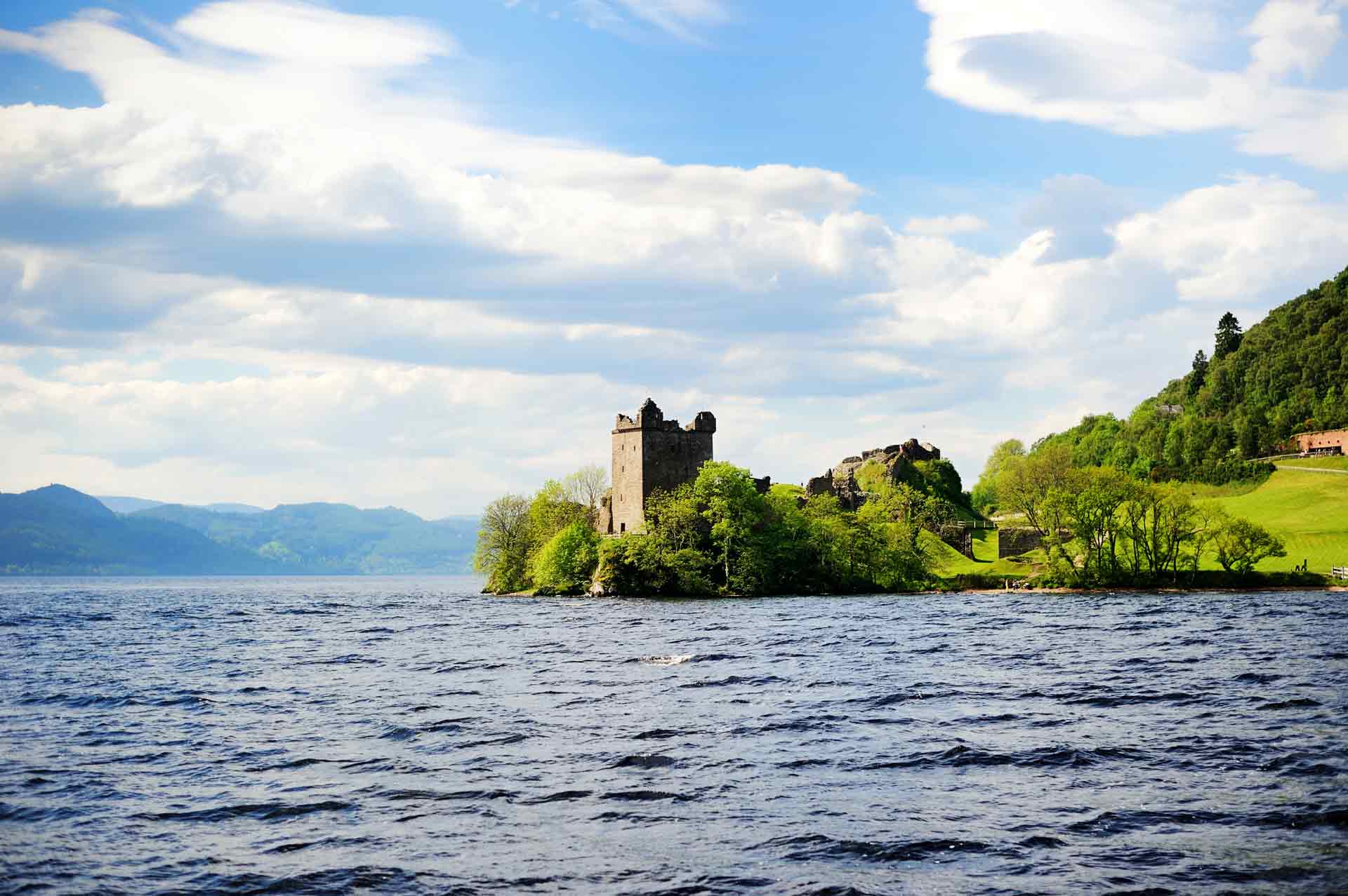 View of Urquhart Castle on the shores of Loch Ness