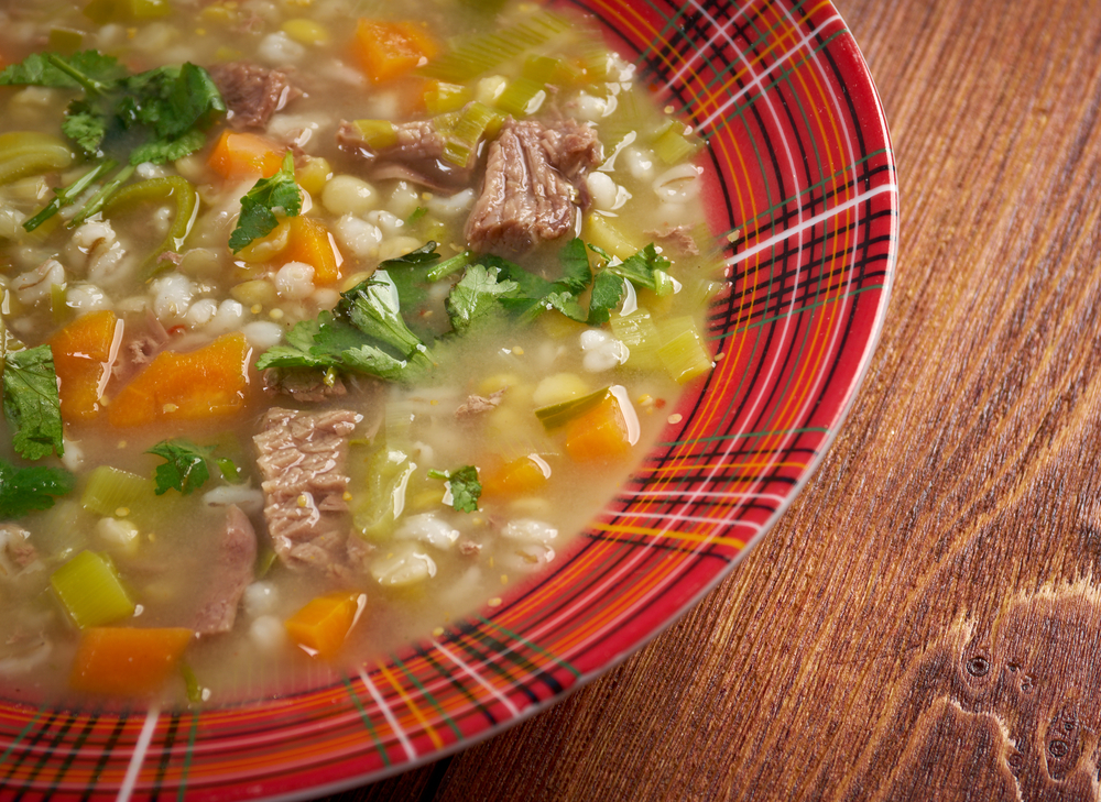 scotch broth in a tartan pattern bowl